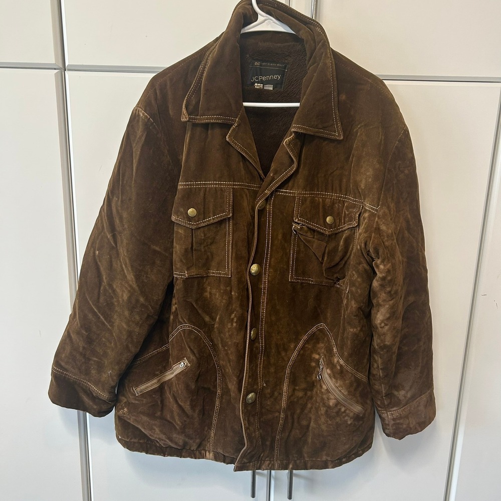 Vintage JCPenney Brown Suede Leather Sherpa Lined Jacket Mens Large 70s Rancher